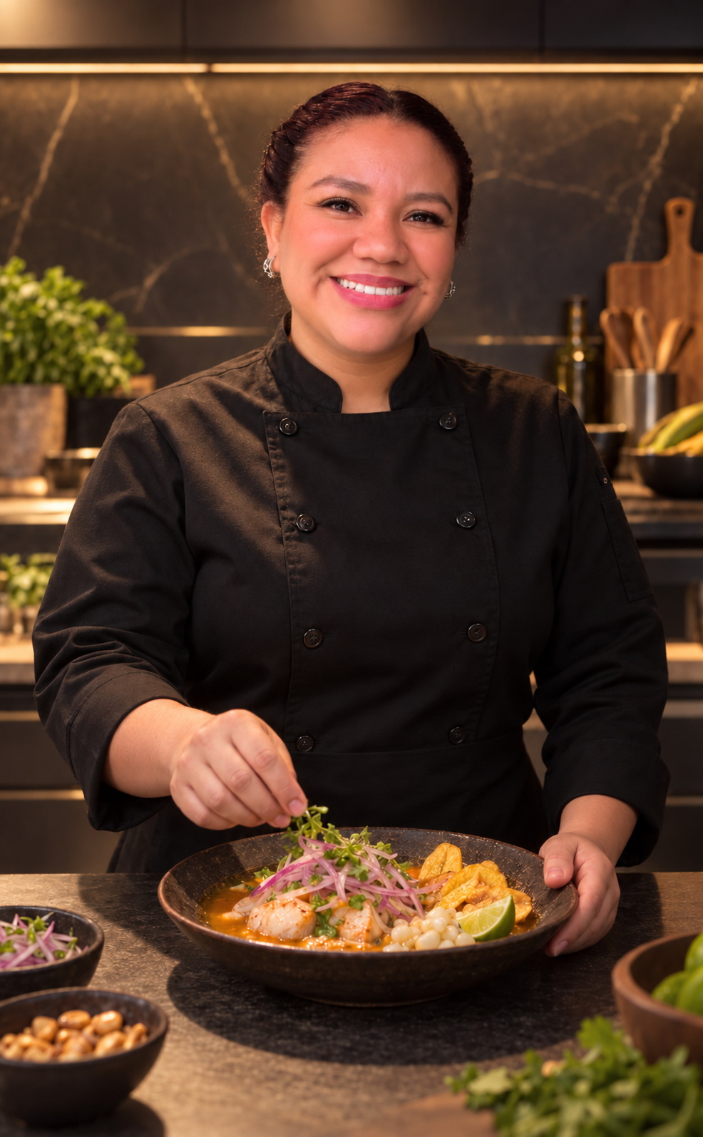 La chef Ingrid Zúñiga presentando un plato ecuatoriano